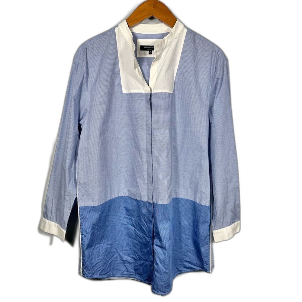 Lafayette 148 Blue White Pinstripe Chambray Colorblock Tunic Blouse Size Medium - Picture 1 of 15